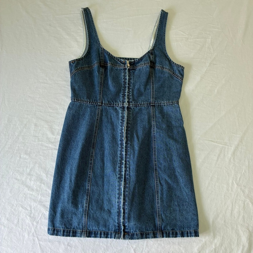 Lulus Denim Mini Dress Medium Wash Front Zip Sleeveless Scoop Neck Blue Large